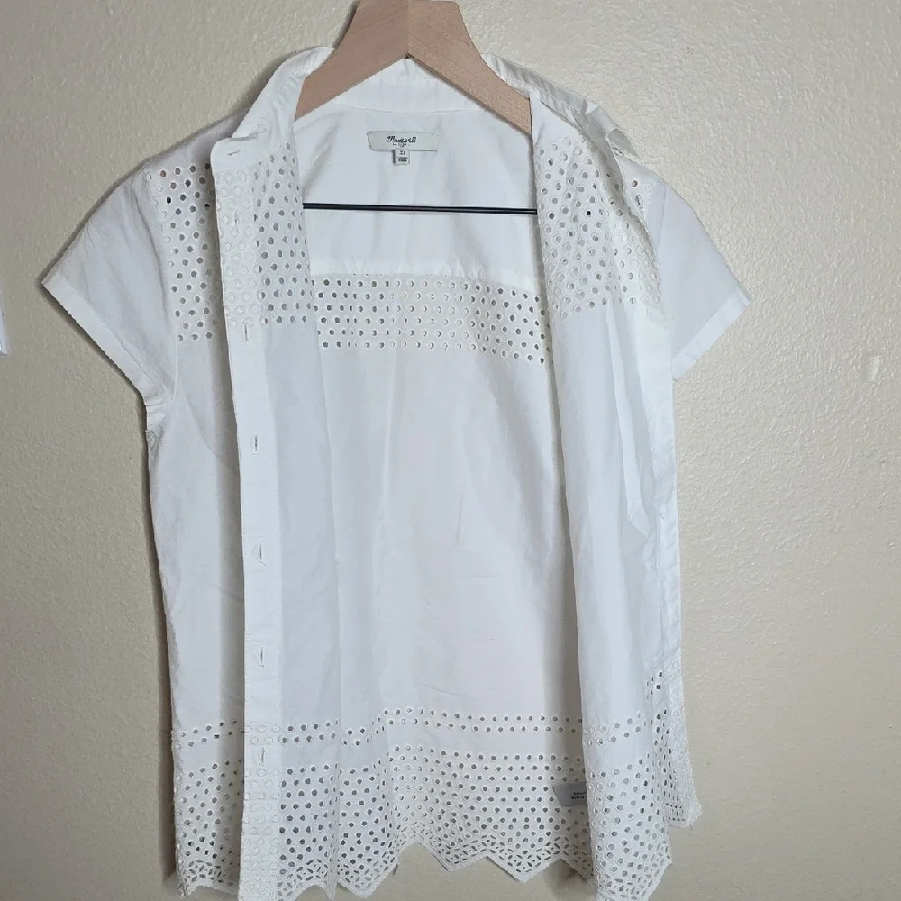 Madewell White Cotton Eyelet Embroidery Camp Shirt Shrunken Fit Scallop Hem XS - Picture 8 of 11